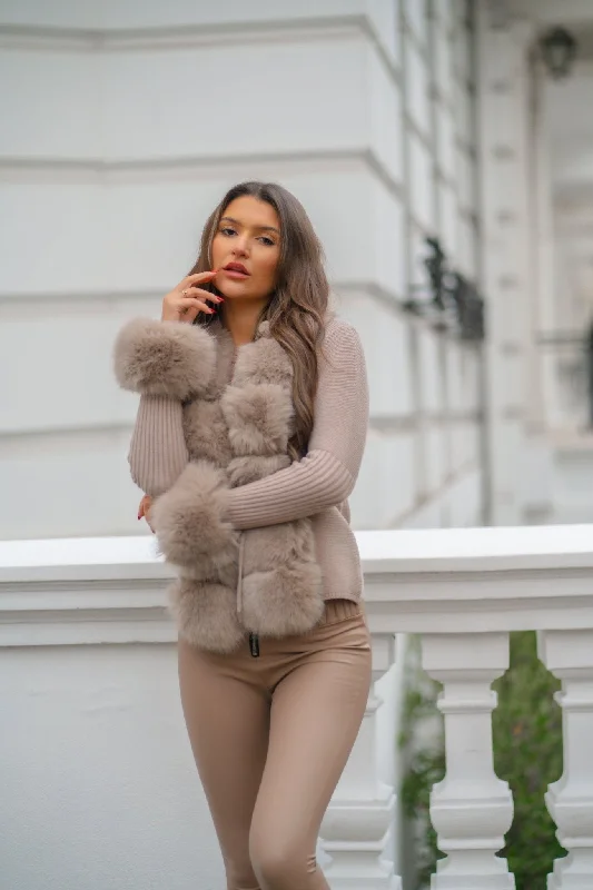 Beige Premium Faux Fur Trimmed Cardigan