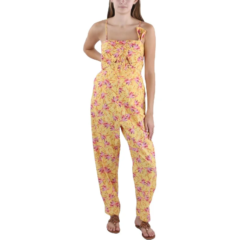 Banana Sunshine Bow Womens Floral Print Gathered Jumpsuit