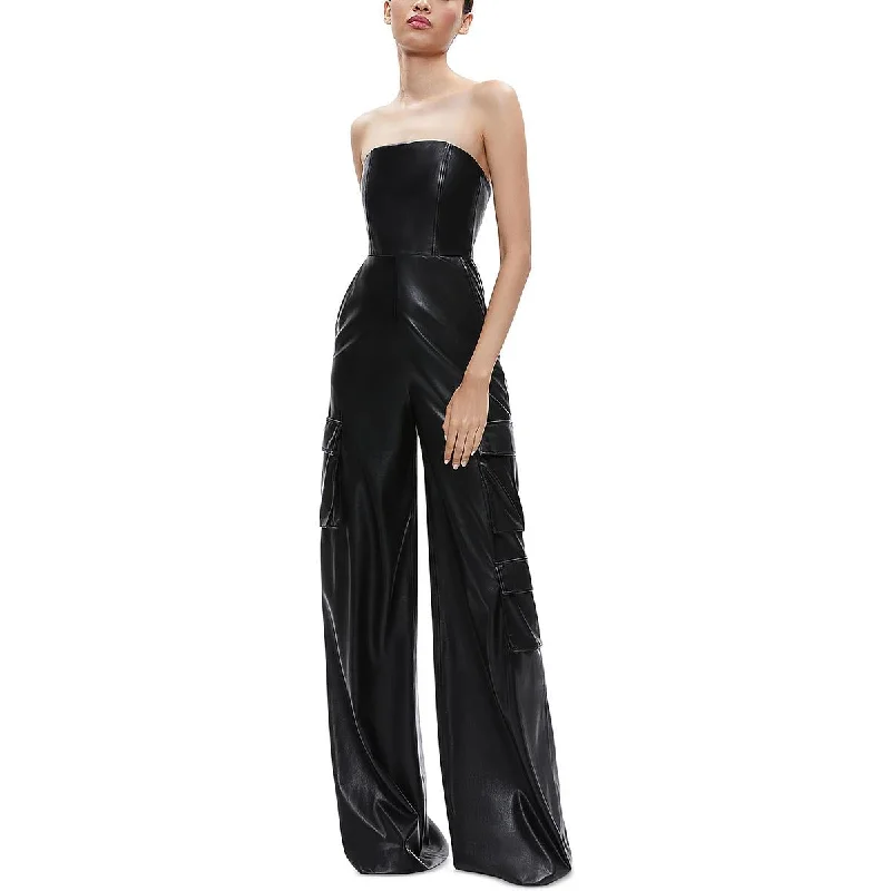 Emelda Womens Faux Leather Cargo Jumpsuit