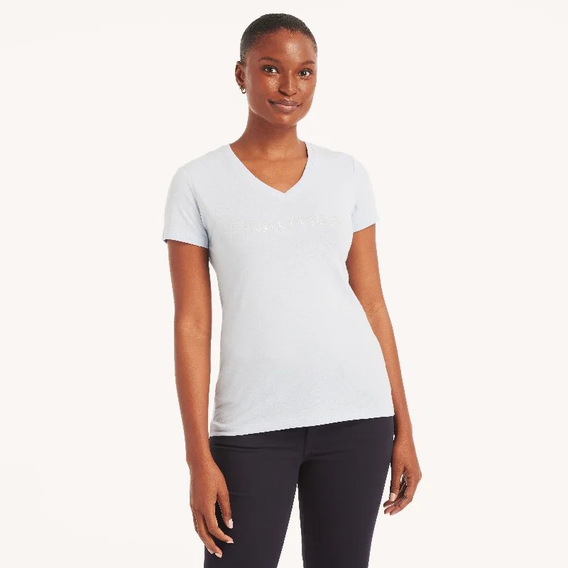 Nautica Womens Sustainably Crafted Studded Logo V-Neck T-Shirt