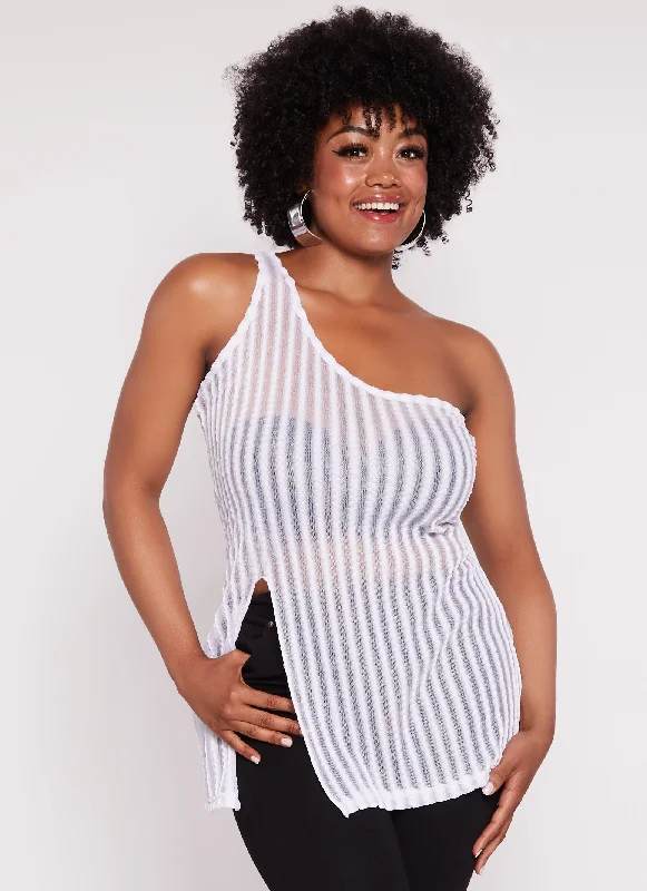 Plus Size Shadow Stripe One Shoulder Tank Top