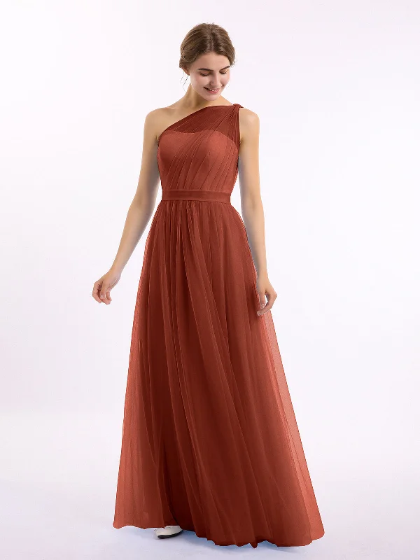 One Shoulder Mesh Wedding Party Bridesmaid Gown Rust