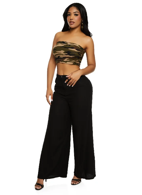 Solid Linen High Waisted Wide Leg Pants