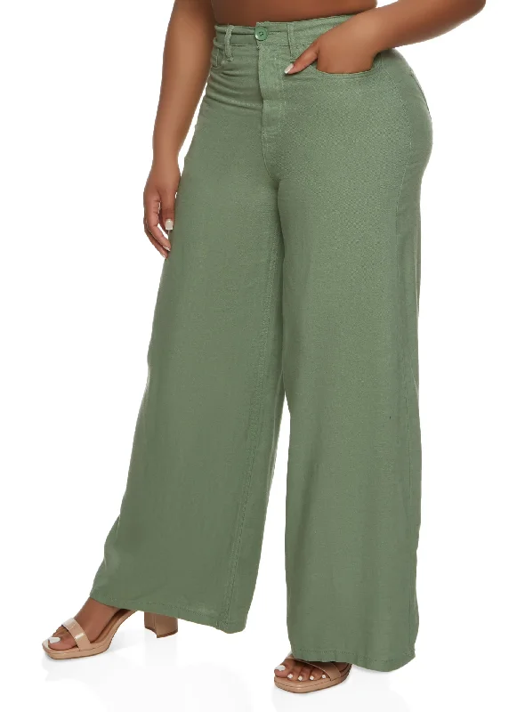 Solid Linen High Waisted Wide Leg Pants