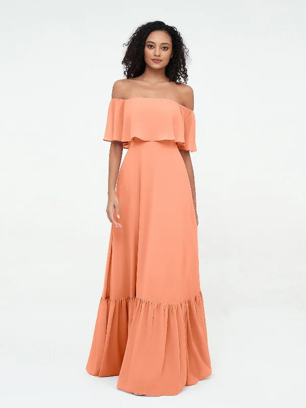 Off Shoulder Chiffon Tiered Skirt Max Dresses-Papaya