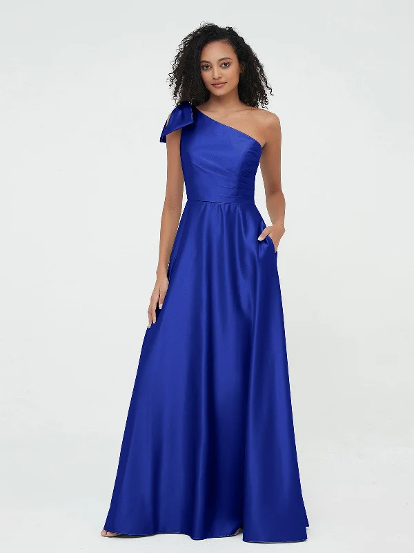 One-Shoulder Long Satin Dresses with Pockets-Royal Blue