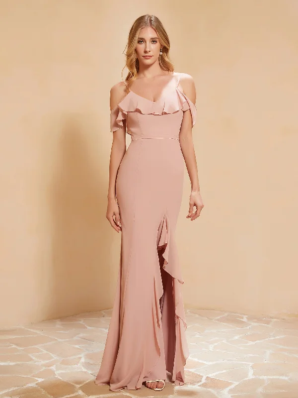 Ruffle V-neck Flutter Sleeves Mermaid Chiffon Dress Dusty Rose