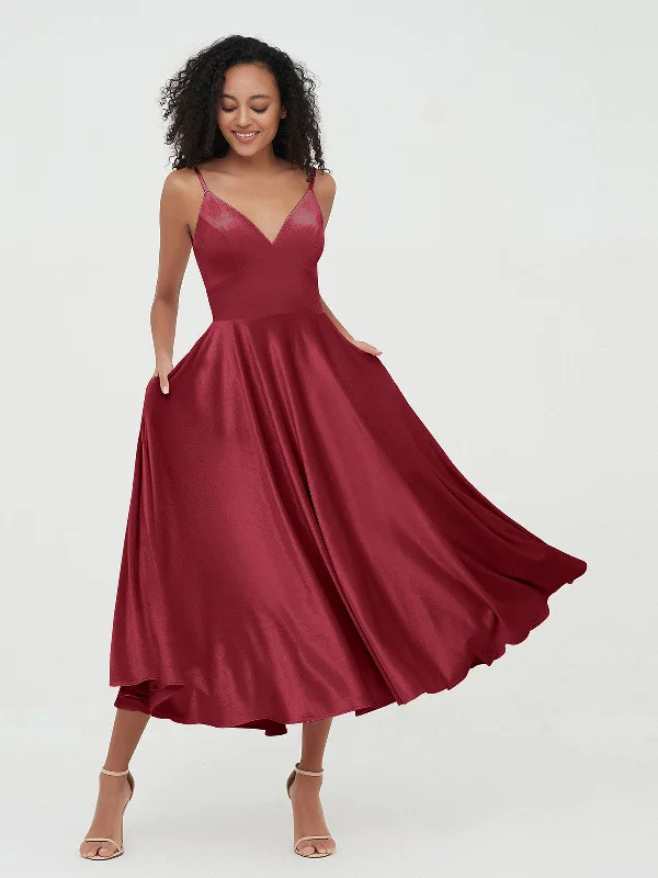 Spaghetti Straps Velvet Midi Dresses with Pockets Burgundy